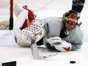Canada's goalie Genevieve LaCasse makes a save during practice at the 2014 Sochi Winter Olympics, Feb. 19, 2014. (LUCY NICHOLSON/Reuters)