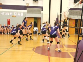 West Elgin Wildcats, left, defeated Monseigneur Bruyere Wednesday to win the WOSSAA senior girtls volleyball championship.