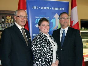 Lambton-Kent-Middlesex MP Bev Shipley and Canadian Minister of of State (Federal Economic Development Agency for Southern Ontario) flank Strathroy Chamber of Commerce general manager Shannon Churchill at a speaking engagement at Amy's Restaurant Feb. 19.
JACOB ROBINSON/AGE DISPATCH/QMI AGENCY