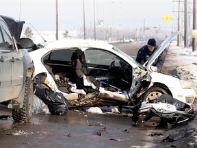 A passenger was killed when a Jetta was T-boned by a pickup truck as the driver attempted a U-turn just before 7 a.m. Thursday on 17 Street, just south of Petroleum Way. (DAVID BLOOM/EDMONTON SUN)