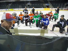 Skills and shooting coach Tim Turk instructs the London Knights during practice at Budweiser Gardens in London, Ont. on Wednesday February 19, 2014.DEREK RUTTAN/The London Free Press/QMI Agency