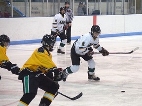 CHRIS ABBOTT/TILLSONBURG NEWS
Glendale's Colton Lanthier shoots from the slot to give Tillsonburg a 2-1 lead with 8:17 left in Thursday's TVRA South East boys hockey semifinal in Tillsonburg. Glendale won 3-1 and will play for the TVRA South East championship next week.