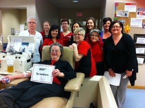 Bernice Hennig celebrates with Canadian Blood Services (CBS) staff on Feb. 12 when she made her 800th donation to CBS. - Photo Supplied