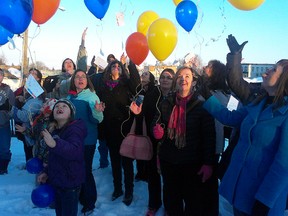 A number of people release balloons during the Relay for Life kick-off event held on Tuesday, Feb. 11, 2014 at the Black Goose Grill in Wallaceburg.