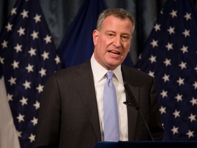 New York Mayor Bill de Blasio delivers the budget address at City Hall in New York February 12, 2014. (REUTERS/Craig Ruttle/Pool)