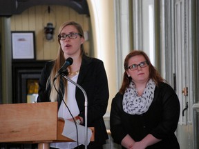 Fanshawe College students Miriam Porter, left, and Jenna Daum present a plan to revitalize Talbot St. in St. Thomas Friday at the Canada Southern Railway Station. They were two of 150 landscape design and GIS and urban planning students who worked together to create plans to make Talbot St. more commercially vibrant while preserving its heritage. Ben Forrest/Times-Journal