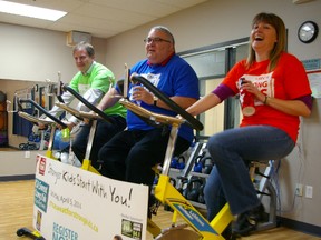EML PC MPP Jeff Yurek, left, Tory MP Joe Preston and St. Thomas Mayor Heather Jackson take part in a media event Friday at Family YMCA of St. Thomas-Elgin to promote an April 5 fundraiser to ensure families and children can access Y programs without financial barrier. (Eric Bunnell, Times-Journal)