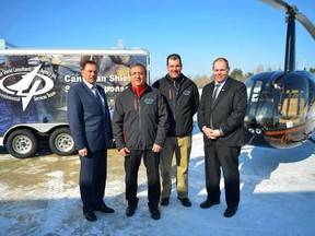 Steve Clapp/For The Sudbury Star             
Attending the launch of a new emergency spills division for Canadian Shield Consultants in St. Charles this week were St. Charles Mayor Paul Schoppmann, left, Canadian Shield Consultants CEO Gerry Dignard, operations manager Justin Dignard and Jason Corbett of the Northern Ontario Heritage Fund Corporation.