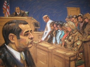 Former New York City police officer Gilberto Valle, dubbed by local media as the "Cannibal Cop" after a verdict was delivered at his trial as seen in this courtroom sketch in New York on March 12, 2013. (REUTERS/Jane Rosenberg)