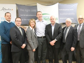 Brazeau County Councillor Marc Gressler, Town of Drayton Valley Mayor Glenn McLean, Drayton Valley/Devon MLA Diana McQueen, Dr. Rohan Botes, Minister of Health Fred Horne, Alberta Medical Association President Dr. Allan S. Garbutt and Alberta Health Services Central Zone Medical Director Dr. Evan Lundall were all on hand at Drayton Valley’s Claro Family Practice last week to announce a Primary Care Network is coming to the area.