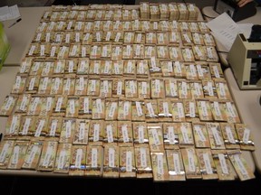 Police display stacks of cash seized in Project Green Giant. (Toronto Police handout)