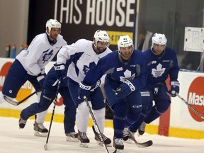 Nazem Kadri leads a group of his Maple Leafs teammates during a bag skate at the MasterCard Centre on Monday. (Michael Peake/Toronto Sun)