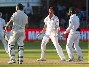 South Africa’s Dale Steyn (centre) celebrates the wicket of Australia’s Ryan Harris (left) during the fourth day of the second cricket Test on Sunday. (Reuters)