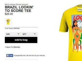 A screengrab of the Adidas online store showed a T-shirt with a woman in a bikini holding a soccer ball and titled "Lookin' To Score". (Adidas image via Huffington Post)