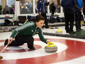 Amber Stachura of the Lakeland women's curling team lines up a rock during the team's final game at the Alberta Colleges Athletic Conference this past weekend.