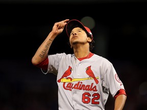 Carlos Martinez of the St. Louis Cardinals reacts against the Boston Red Sox during Game 2 of the 2013 World Series October 24, 2013. (Rob Carr/Getty Images/AFP)