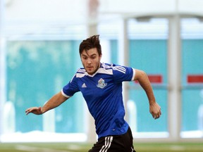 Jordan Ongaro practises with FC Edmonton at the Commonwealth fieldhouse tuesday. (Perry Mah, Edmonton Sun)