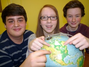 Parkside Collegiate Institute students Nicholas Chabot, left, Maegan Mahaffy-Schmidt and Mateus Butterwick will get a first-hand look at Canadian government at Forum for Young Canadians later next month in Ottawa. (Eric Bunnell, Times-Journal)