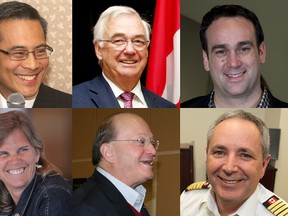 Kingston recently was named Canada's Happiest City through a survey on Instagram, which took into account smiling faces. Clockwise from top left: MP Ted Hsu; MPP John Gerretsen; Mayor Mark Gerretsen; Kingston Fire and Rescue Chief Rheaume Chaput; Senator Hugh Segal; and Coun. Sandy Berg