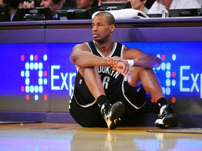 Brooklyn Nets center Jason Collins waits to enter the game against the Los Angeles Lakers during the second half at Staples Center. (Gary A. Vasquez/USA TODAY Sports)