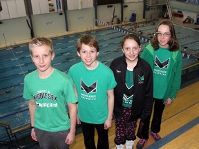 (Pictured) Cameron Teasdale, Quinn Nolan, Holly Brown and Laura Denniston along with Lucy Finkelstein and Ian Young accounted for four Top 8 finishes, seven club records and 10 personal bests for the Middlesex Swimming Club at the Swim Ontario Brantford Winter Festival recently.
JACOB ROBINSON/LONDONER/QMI AGENCY