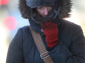 A woman walks through Osborne Village on a cold, blustery Wednesday. (Chris Procaylo/Winnipeg Sun)