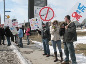 Supporters of Chatham's Lev Tahor Jewish community rally in front of the courthouse on Feb. 25.