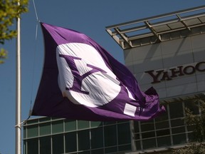 The Yahoo logo is shown at the company's headquarters in Sunnyvale, California in this file photo taken April 16, 2013.   REUTERS/Robert Galbraith/Files