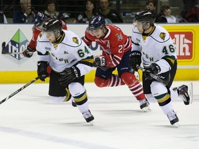 London Knights Ryan Rupert, and his identical twin Matt, charge up the ice during an OHL game earlier this season. (Free Press file photo)