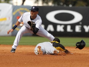 New York Yankees shortstop Derek Jeter (2) tags out Pittsburgh Pirates second baseman Josh Harrison (5) as he attempted to steal during the fifth inning at George M. Steinbrenner Field on Feb 27, 2014 in Tampa, FL, USA. (Kim Klement/USA TODAY Sports)