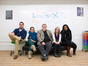 Emerging Leaders employees Quinn Lawson, left, Erika Munoz, executive director Sean Quigley, Alison Deplonty and Mphatso Mlothain will lead London X conference. (CRAIG GLOVER, The London Free Press)