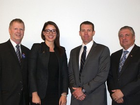 Down to four. (L to R) Scott Wagner, Melissa Mathieson, John Barlow and Phil Rowland gather for a photo following the Conservative candidate forum in Pincher Creek. Greg Cowan photo/QMI Agency.