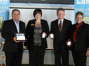 From left to right, Franco Filia, Vice-Chair, The Lambton College Foundation Board of Directors, Tracy Simpson, Manager, The Lambton College Foundation and Alumni Association, Tom Ondrejicka, Founder and CEO, MUV-U Corp., Margaret Dragan, Vice-President, Finance & Administration, Lambton College.