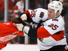 Ottawa Senators Chris Neil wishes this was Johan Franzen he was punching last time they played the Detroit Red Wings.