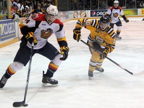 Sarnia's Vladislav Kodola (in yellow) chases after Erie Otters forward Brendan Gaunce during the 2nd period of their game in Sarnia on Friday night. The Otters defeated Sarnia 4-3, a loss that officially eliminates Sarnia from playoff contention. SHAUN BISSON/ THE OBSERVER/ QMI AGENCY