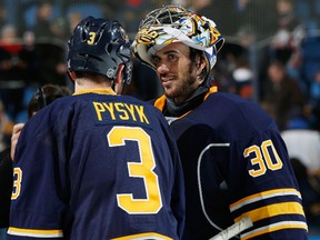 Ryan Miller faced around 35 shots a game for the Sabres. That number should be cut by 30% with St. Louis. (Getty Images)