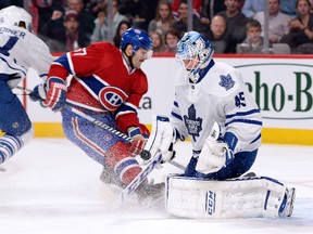 Jonathan Bernier stops the puck on an attempt by Max Pacioretty on Nov. 30, 2013 at the Bell Centre. The Canadiens defeated the Maple Leafs 4-2.  (Richard Wolowicz/Getty Images/AFP)