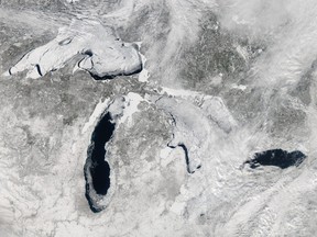 The Great Lakes are the most ice-covered they’ve been in 20 years, a new NASA image shows.

Jeff Schmaltz/NASA