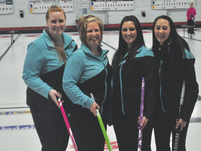 (L-R): The Ste. Anne rink of skip Chelsea Manaigre, third Tara Rance, second Michelle Colburn and lead Jordyn Perrin were the winners of the A-event at the Portage Curling Club Ladies Bonspiel Mar. 2. (Kevin Hirschfield/THE GRAPHIC/QMI AGENCY)