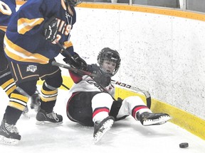 Central Plains Female Midget AAA Capitals forward Eryn Stewart is knocked down during a 2-1 loss to Yellowhead in Game 5 of the MFMHL quarter-finals Mar.2. (Kevin Hirschfield/THE GRAPHIC/QMI AGENCY)
