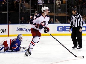 Columbus Blue Jackets centre Ryan Johansen (19) celebrates after scoring the game winning goal on New York Rangers goalie Henrik Lundqvist (30) during a shootout at Madison Square Garden. The Columbus Blue Jackets defeated the New York Rangers 4-3 in a shootout. (ADAM HUNGER/USA Today Sports)