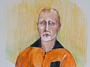 Court drawing of defendant Jayme Joshua Pasieka, March 3, 2014, charged with first degree murder in the stabbing deaths of two Loblaws employees.  (Drawn by court artist Jennifer Smith)