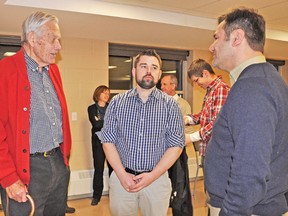 Stewart Skinner (center), Liberal candidate for the riding of Perth-Wellington, speaks to Mitchell resident Hugh Edighoffer (left) and Mike Radan, Liberal candidate for Lambton-Kent-Middlesex, during a town hall meeting Wednesday, Feb. 26 at the Mitchell & District Community Centre.   KRISTINE JEAN/MITCHELL ADVOCATE