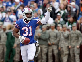 Bills free safety Jairus Byrd celebrates his first half interception against the Jets at Ralph Wilson Stadium in Orchard Park, N.Y., on Nov. 17, 2013. (Timothy T. Ludwig/USA TODAY Sports/Files)