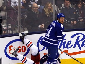 Leafs winger David Clarkson checks Columbus defenceman Jack Johnson during Monday night's game at the ACC. (MICHAEL PEAKE/Toronto Sun)