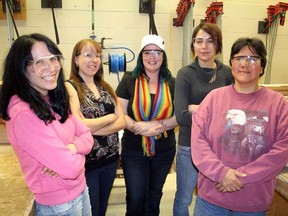 Ben Leeson/The Sudbury Star
Students in Cambrian College's new women's carpentry program, from left, include Dana Bates, Mavis Manitowabi, Stecey Bordeleau, Emilly Fleming and Aldine Bebonang. The college started the free 37-week pre-apprenticeship program on Feb. 18.