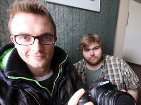 Jeff Tribe/Tillsonburg News
Broadcast Journalism and Documentary graduates Brent Swance (foreground) and Nathan Cox (rear) have formed Sawyer-Swance Productions together, a videography and editing business based out of Tillsonburg and Long Point.