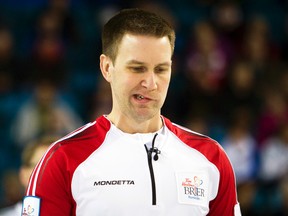 Team Newfoundland and Labrador skip Brad Gushue reacts after a play while facing Team Prince Edward Island during the 2014 Brier curling championship in Kamloops, B.C., March 4, 2014. (BEN NELMS/Reuters)