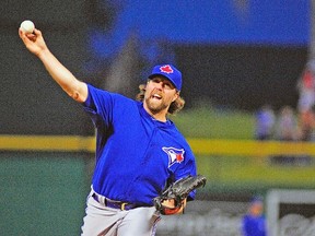 Blue Jays ace R.A. Dickey allowed seven baserunners in four innings last night against Philly. (USA TODAY SPORTS)