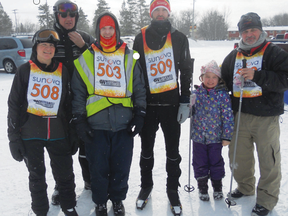 Andrew Cosway, third from left, at the Ski for ALS event in Pinawa Feb. 22. (L-R): Event organizers Lois Bernardin, Romeo Bernardin, Andrew Cosway, skiier Dustin Ameis, Cosway's daughter Felaina Cosway, and skiier Alf Wikjord (submitted photo).